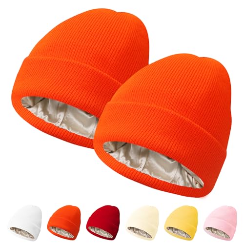 PFFY Womens Satin Lined Beanie Silk Lining Winter Hats Beanies for Women - color: Orange+orange