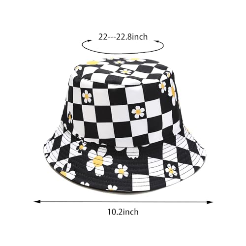 Bucket Hat for Women Men, Cotton Reversible Double Side Wear Sun Hats Beach Fisherman Hat - color: Small Checkered Flowers Black
