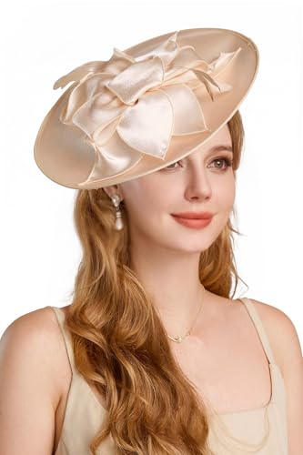 BABEYOND Derby Hats for Women Wide Brim Flower Feather Tea Party Fascinator - color: Champagne