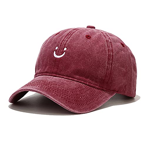 Smile Face Baseball Cap, Vintage Distressed Cotton Dad Hat for Women Men - color: Retro Burgundy