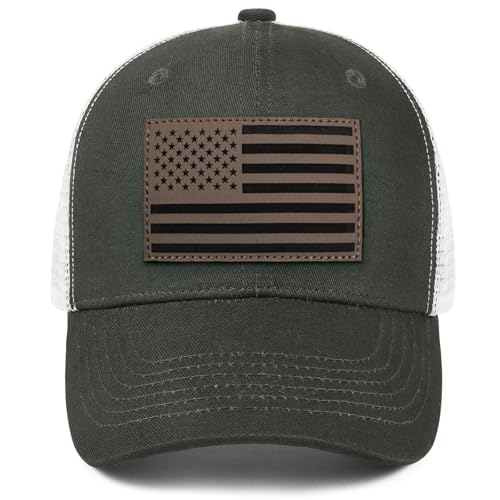 American Flag Trucker Hat - Snapback Hats for Men Women Baseball Cap - Breathable Mesh & Adjustable Fit for Casual Wear - color: Dark Green