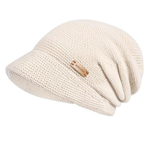 Womens Winter Beanie Hat,Fleece Lining Warm Knitted Slouchy Beanie Hats Cap with Visor - color: Beige