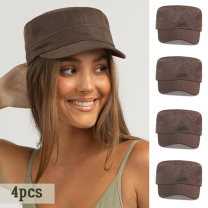 Glamorstar Unisex Cadet Army Hats 4 Pieces Military Flat Top Newsboy Cap - color: 4 Brown