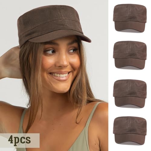Glamorstar Unisex Cadet Army Hats 4 Pieces Military Flat Top Newsboy Cap - color: 4 Brown