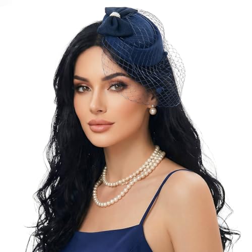 Fascinator Hat for Women Veil Fascinators Tea Party Wedding Retro Pillbox Hats for Cocktail Dresses Accessories - color: Navy Blue
