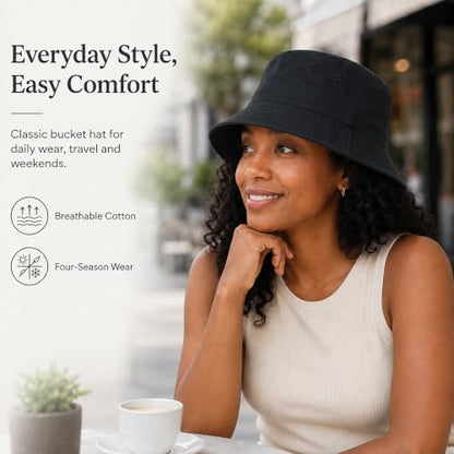Cotton Bucket Hat Packable Beach Sun Hat for Women Men - color: Black