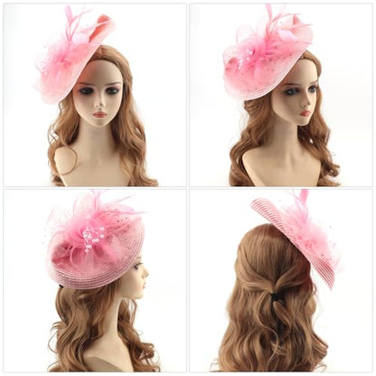 DRESHOW Fascinators Hat Flower Mesh Feathers Hat with a Headband and a Clip 7.9" Tea Party Headwear for Women - color: Folded Style 2: Pastel Pink / 7.9"