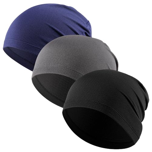 3 Pack Breathable Cooling Skull Cap Sweat Wicking Beanie for Cycling Running Helmet Liner Cap Under Hard Hat - color: Black+gray+blue