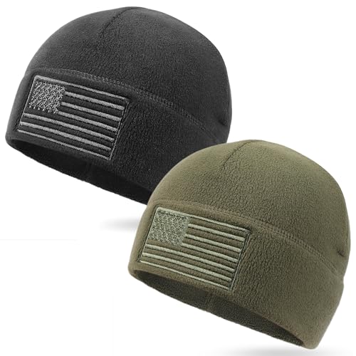 OUTDOOR SHAPING American Flag Fleece Beanie with Embroidered Patch Hat - color: Black+army Olive