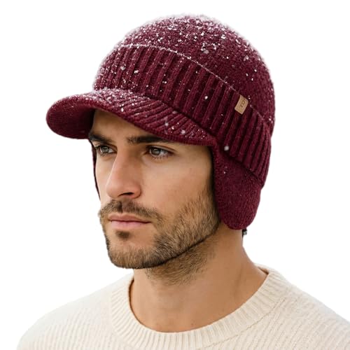 TOP-EX DryKnit™ 80% Merino Wool Waterproof Warm Brim Beanie with Ear Flaps - color: Burgundy (Waterproof), size: Medium-Large