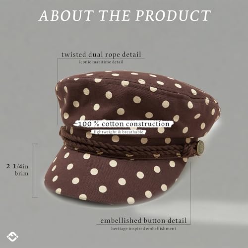 Funky Junque Greek Fisherman Newsboy Cap, Cotton Captains Bakerboy Hat - color: Polka Dots - Brown