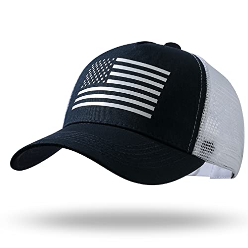 American Flag Trucker Hat - Snapback Hat, Baseball Cap for Men Women - Breathable Mesh Side, Adjustable Fit - for Casual Wear - color: Navy/White