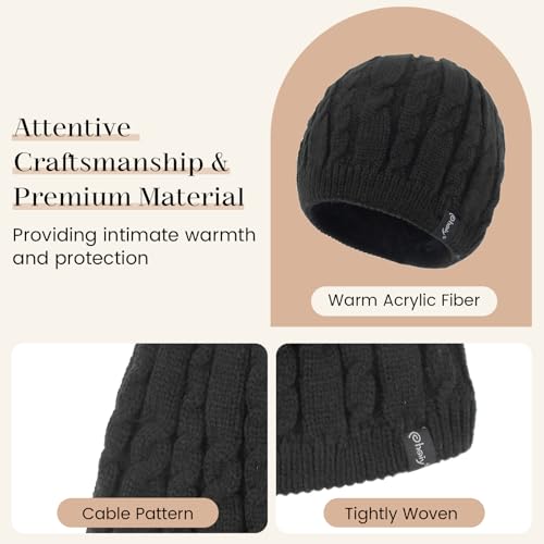 Winter Warm Beanie Hat for Women Men, Thick Cable Knit Cuffed Beanie - color: Black