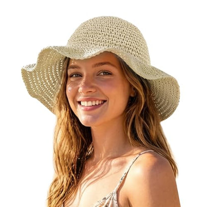 Womens Wide Brim Straw Sun Hat, Floppy Summer Straw Beach Hats, Foldable Crochet Summer Travel Beach Sun Cap - color: Beige