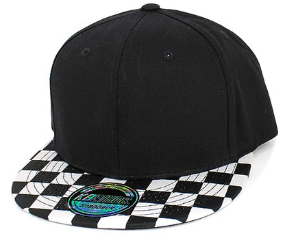 KBETHOS Classic Snapback Hat Blank Cap Underbrim Cotton Wool Blend Flat Visor Adjustable Unisex - color: Black White Checkered Brim Snapback