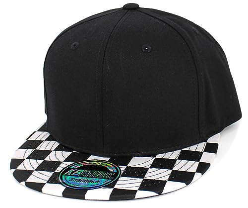 KBETHOS Classic Snapback Hat Blank Cap Underbrim Cotton Wool Blend Flat Visor Adjustable Unisex - color: Black White Checkered Brim Snapback