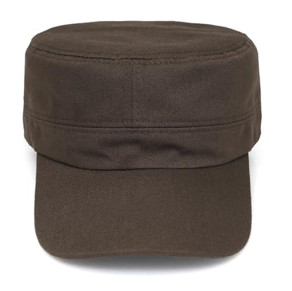 Washed Cotton Flat Top Military Cap for Unisex - color: Coffee