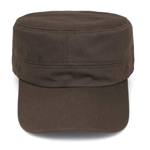 Washed Cotton Flat Top Military Cap for Unisex - color: Coffee
