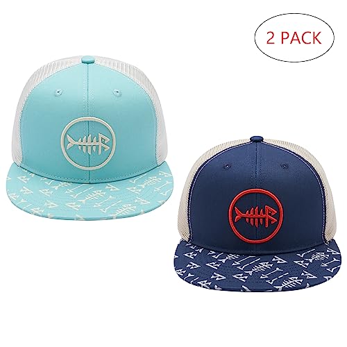 BASSDASH 2 Pack Flat Brim Trucker Cap Adjustable Snapback Hat Mesh Back for Men Women Fishing Hunting - color: Pack of 2,turquoise & Navy Blue