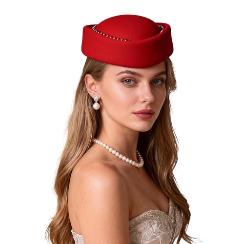 Vintage Wool Felt Pill Box Hat for Women, 1960s Style Formal Fascinator Church Wedding Cocktail Derby Hat - color: Red With Pearl