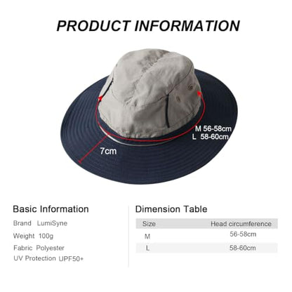 LumiSyne Unisex Two-Tone Bucket Hat Wide Brim Sun Hat UPF 50+ Adjustable Chin Strap Breathable Mesh Packable Boonie Hat - color: Navy Blue + Gray, size: Large-X-Large