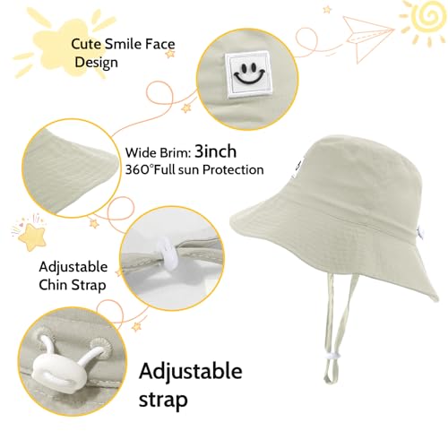 Kids Sun Hat Smile Face Bucket Hat Toddler Hat Wide Brim Adjustable Strap - color: Beige, size: 3-8T
