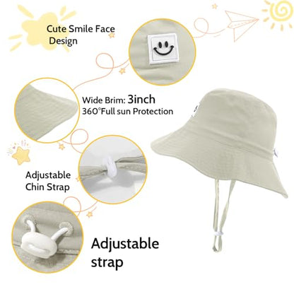 Kids Sun Hat Smile Face Bucket Hat Toddler Hat Wide Brim Adjustable Strap - color: Beige, size: 3-8T