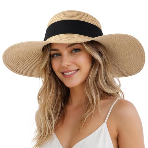 Women's Straw Sun Hat UPF80 UV Protection Foldable Wide Brim Summer Hat Sweatband Adjustable Floppy Beach Hats for Women - color: Beige-foldable