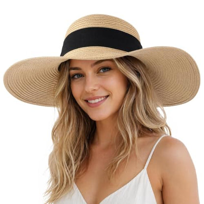 Women's Straw Sun Hat UPF80 UV Protection Foldable Wide Brim Summer Hat Sweatband Adjustable Floppy Beach Hats for Women - color: Beige-foldable