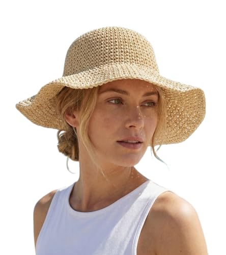 Straw Beach Hats for Women Summer Wide Brim Floppy Packable Foldable Bucket Sun Hat Travel Vacation UV Protection - color: Beige