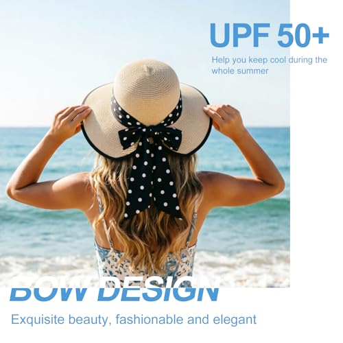 DRESHOW Sun Hats for Women Travel Fedora Foldable Beach Sun Hat Summer Wide Brim Straw Bucket Hat with Bowknot UPF 50+ - color: 1 Pack Bowknot Straw Hat: Beige (Black Polka Dot Band)