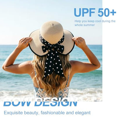 DRESHOW Sun Hats for Women Travel Fedora Foldable Beach Sun Hat Summer Wide Brim Straw Bucket Hat with Bowknot UPF 50+ - color: 1 Pack Bowknot Straw Hat: Beige (Black Polka Dot Band)