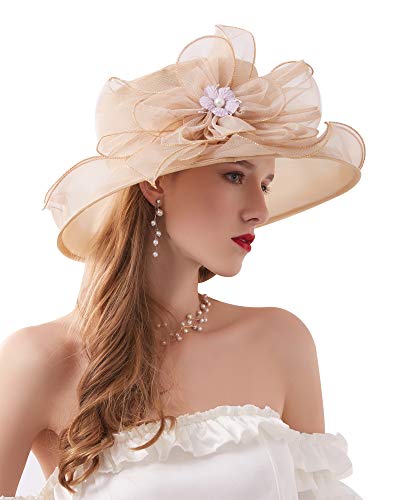 Organza Fascinator Hat - Women’s Wide Brim Church Bridal Tea Party Wedding Hat - color: 02a-lightgold