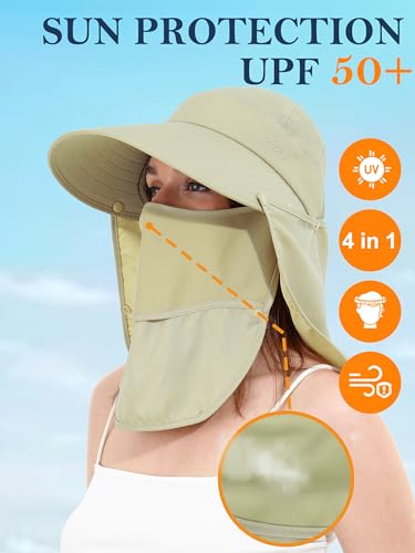 LA CARRIE Women Sun Hats Detachable Wide Brim UV UPF 50+ Face Mask Visor with Neck Flap Hat for Summer Beach - color: Khaki