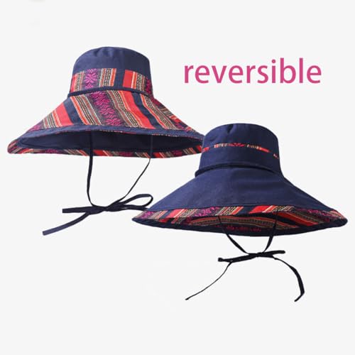 Reversible Wide Brim Sun Hat, Double-Sided Bucket Hat with Chin Strap, Packable UV Protection Beach Hat, Yellow - color: Navy Blue
