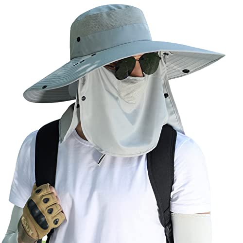 Women Wide Brim Face Mask Sun Hat Detachable Neck Face Flap Ponytail UV Protection Visor Hat Garden Fishing Hiking - color: Hyp008-lightgray