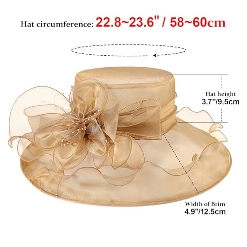 AQOKKA Women Organza Church Fascinators Kentucky Derby Hats for Women and Girls Wedding Flower Tea Party Hat with Wide Brim - color: Khaki