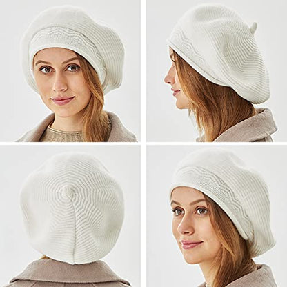 FENELY Beret Hat for Women, French Style Beanie Winter Fashion Warm Thickened Lining Knit Cap - color: White