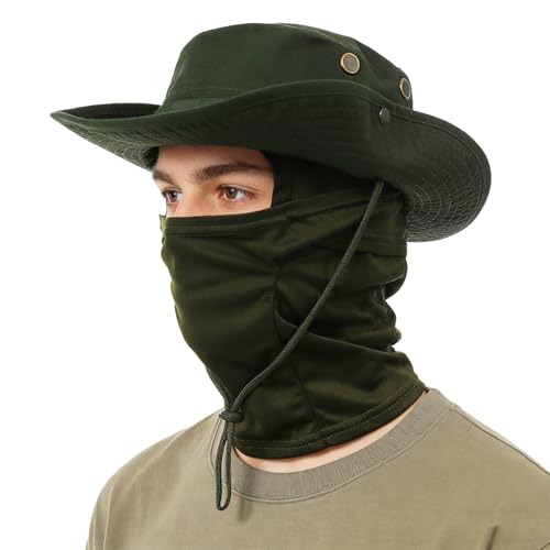 Boonie Hat with Balaclava Face Mask - UV Protection Wide Brim Sun Hat, Adjustable & Foldable for Hunting Fishing Outdoor - color: Army Green