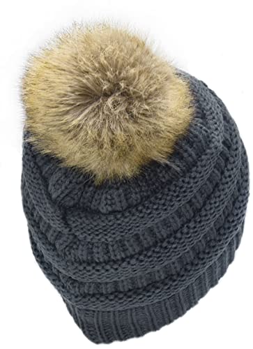 C.C Trendy Fuzzy Fleece Lined Warm Comfortable Soft Stretch Cable Knit Ribbed Faux Fur Pom Pom Beanie Hat - color: Teal Grey