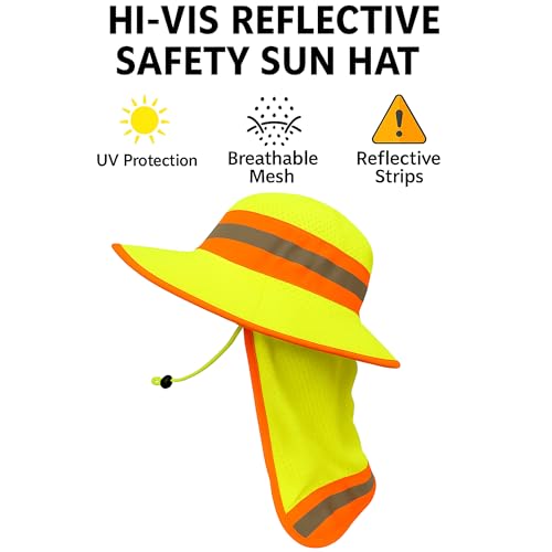 Men High Visibility Reflective Work Safety Sun Hat with Neck Flap Wide Brim Boonie UV Protection - color: 1pc Neon Lime