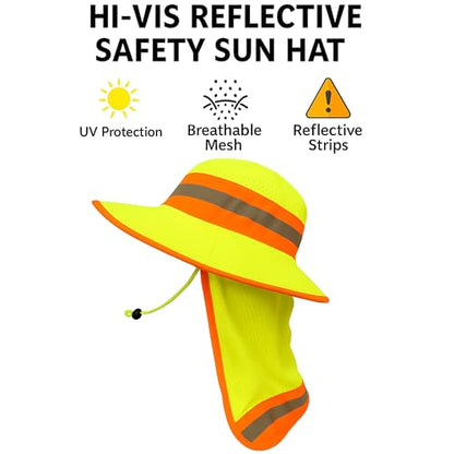 Men High Visibility Reflective Work Safety Sun Hat with Neck Flap Wide Brim Boonie UV Protection - color: 1pc Neon Lime