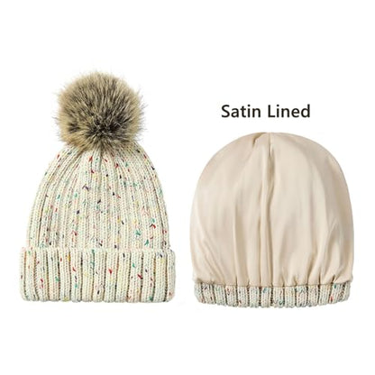 Satin Lined Beanie for Women with Detachable Pom Pom, Winter Cuffed Hat - color: 06 Mix Beige