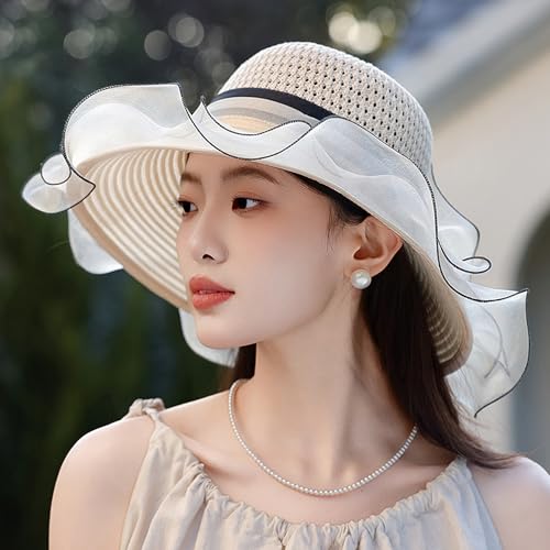 Floral Church Wide Brim Sun Hat, Breathable Derby Tea Party Hat - color: Beige