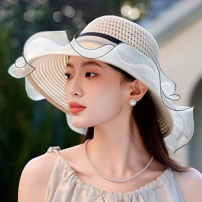 Floral Church Wide Brim Sun Hat, Breathable Derby Tea Party Hat - color: Beige