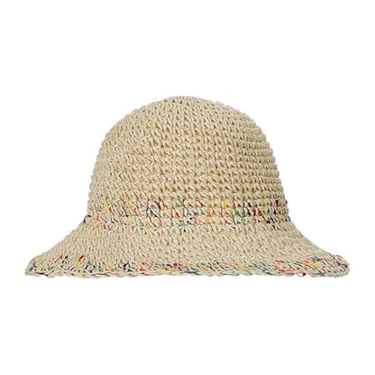 Womens Little Girls Summer Crochet Straw Bucket Hat Colorful Floppy Sun Shade Boonie Cap Wide Brim Beach Vacation Sun Hat - color: Beige, size: 2-5T