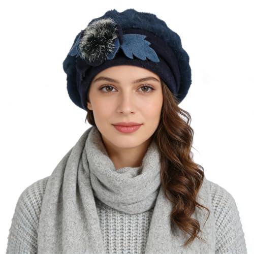 Women’s Vintage Wool Beret Winter Hats Elegant French Beret Beanie Dress Hat for Ladies - color: Br022-navy