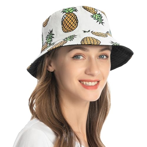 ZLYC Printed Bucket Hat for Women Men Packable Summer Sun Hat for Beach - color: Pineapple White