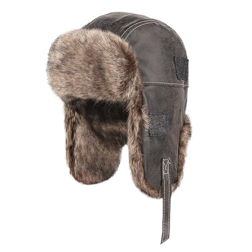 Men Trapper Hat Faux Leather Fur Winter Earflap Russian Trooper Ushanka Hat Women Fluffy Warm Soft Aviator Cossack Skiing Cap - color: Dark Brown