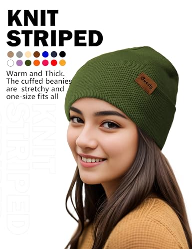 Beanie Hats for Men Women Knit Winter Hat, Warm Skull Stocking Cap, Striped Snow Hat Heated Cuffed Beanie - color: 2p-black+army Green